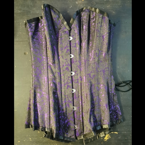 Steel Boned Corset - Purple & Black Brocade, Gothic - Picture 3 of 5